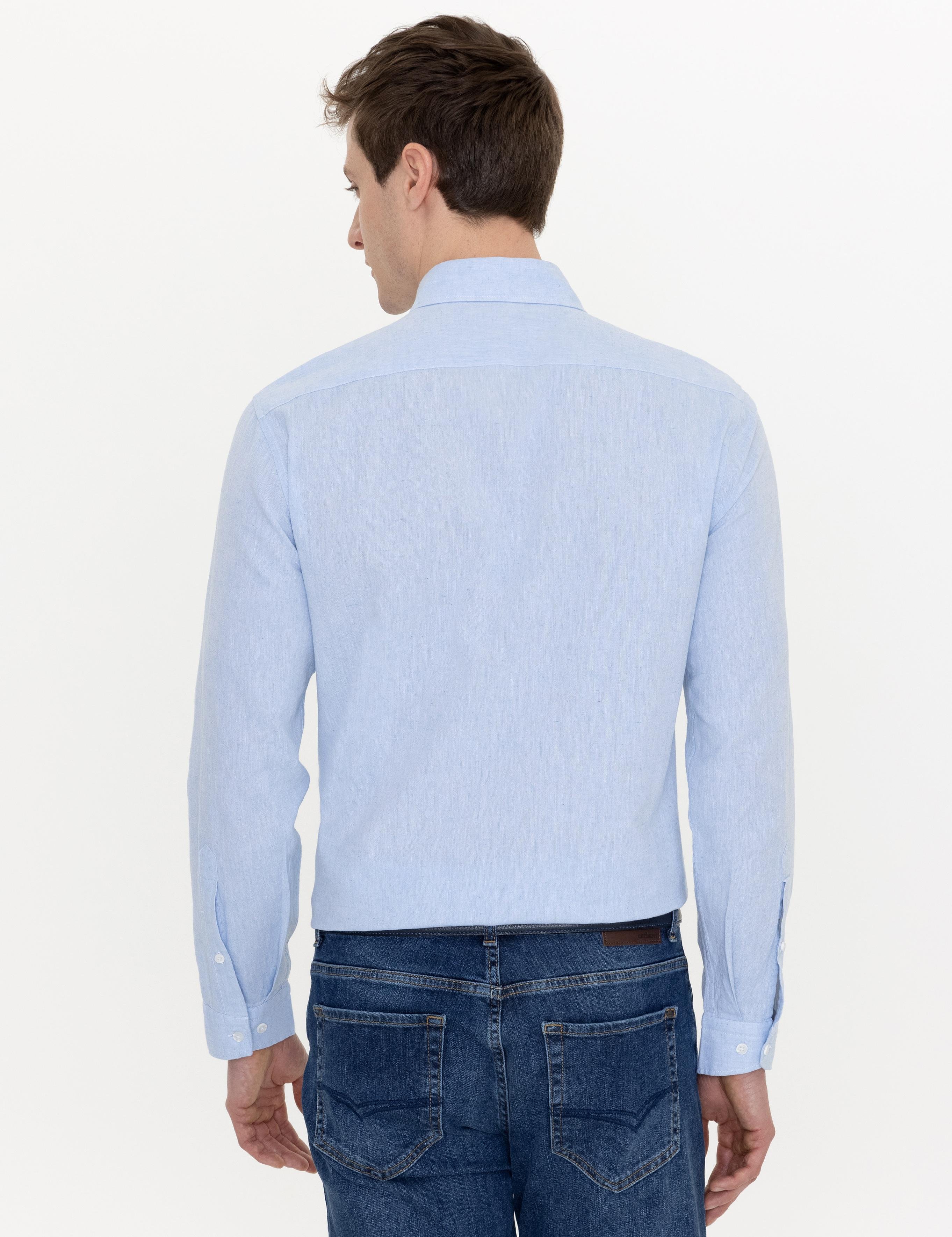 Açık Mavi Keten Karışımlı Slim Fit Uzun Kollu Gömlek