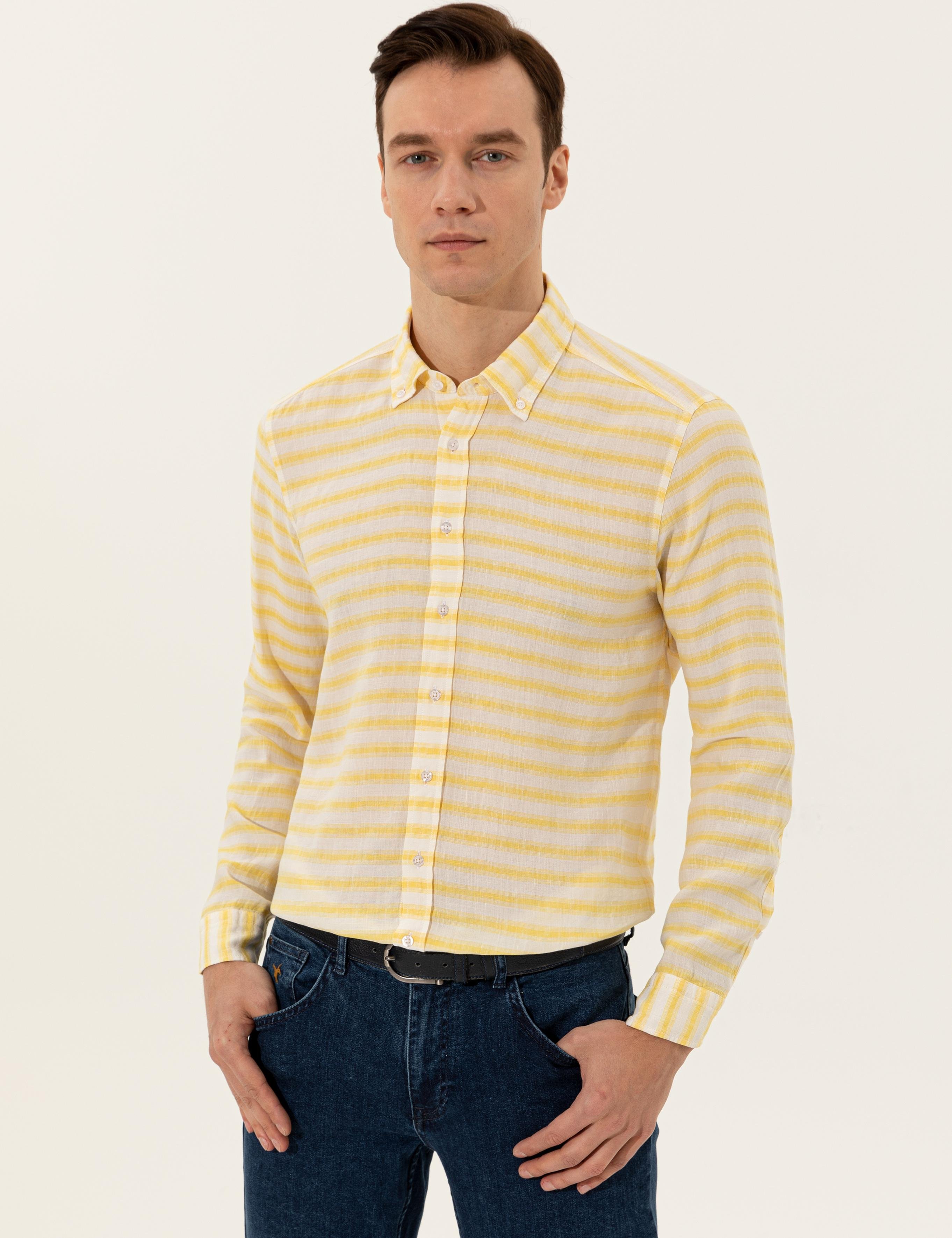 Sarı Keten Karışımlı Slim Fit Uzun Kollu Gömlek