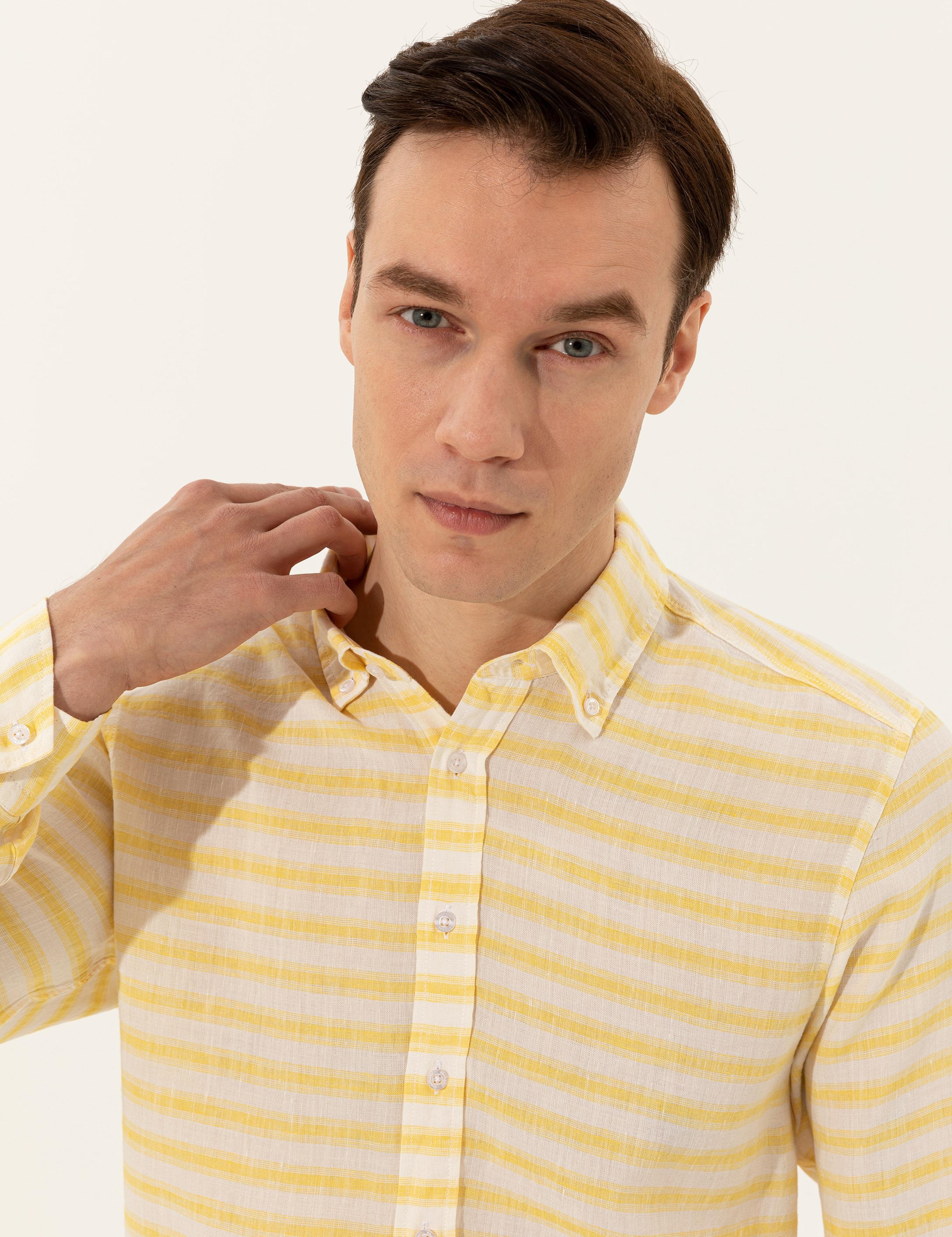 Sarı Keten Karışımlı Slim Fit Uzun Kollu Gömlek
