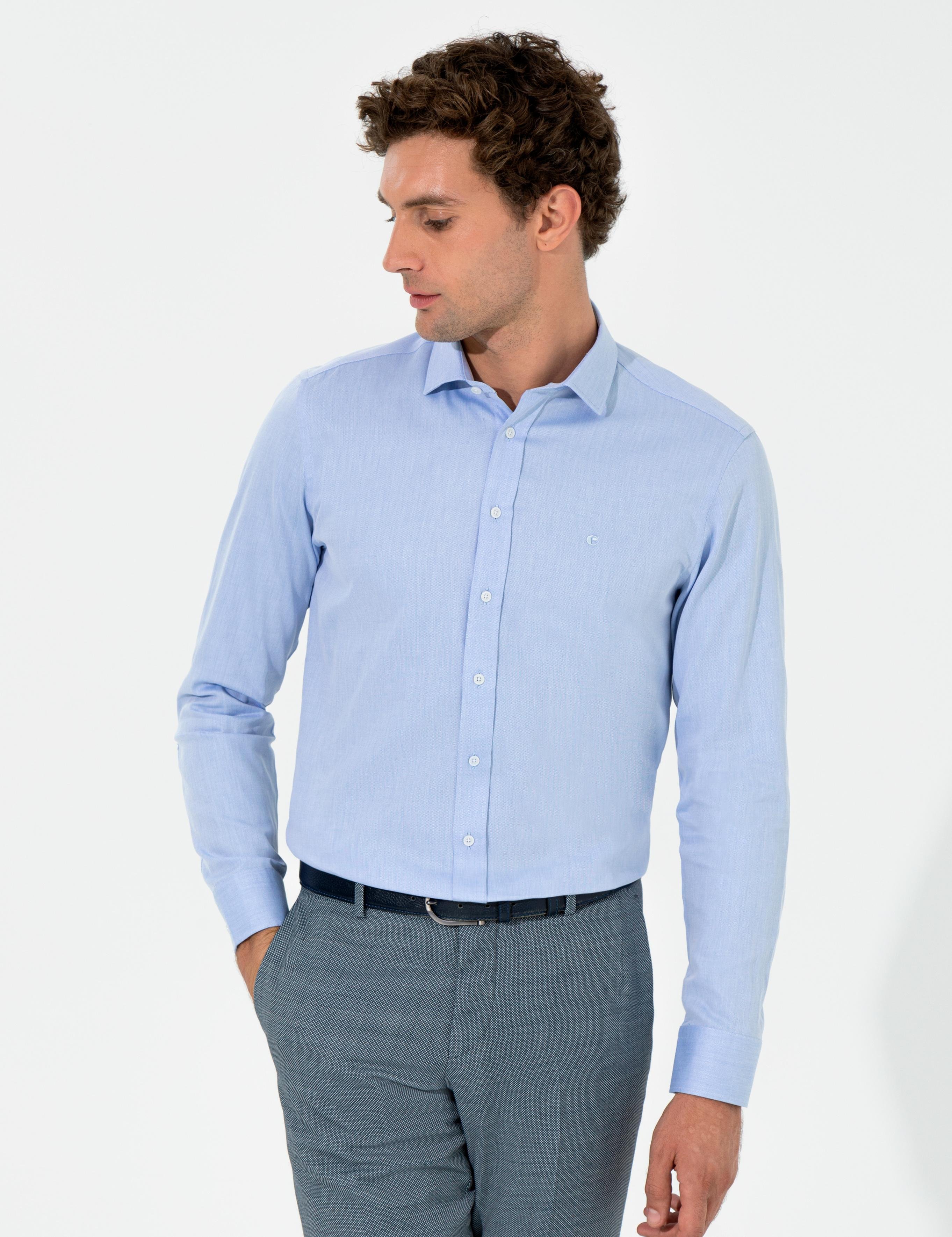 Açık Mavi Slim Fit Uzun Kollu Basic Gömlek