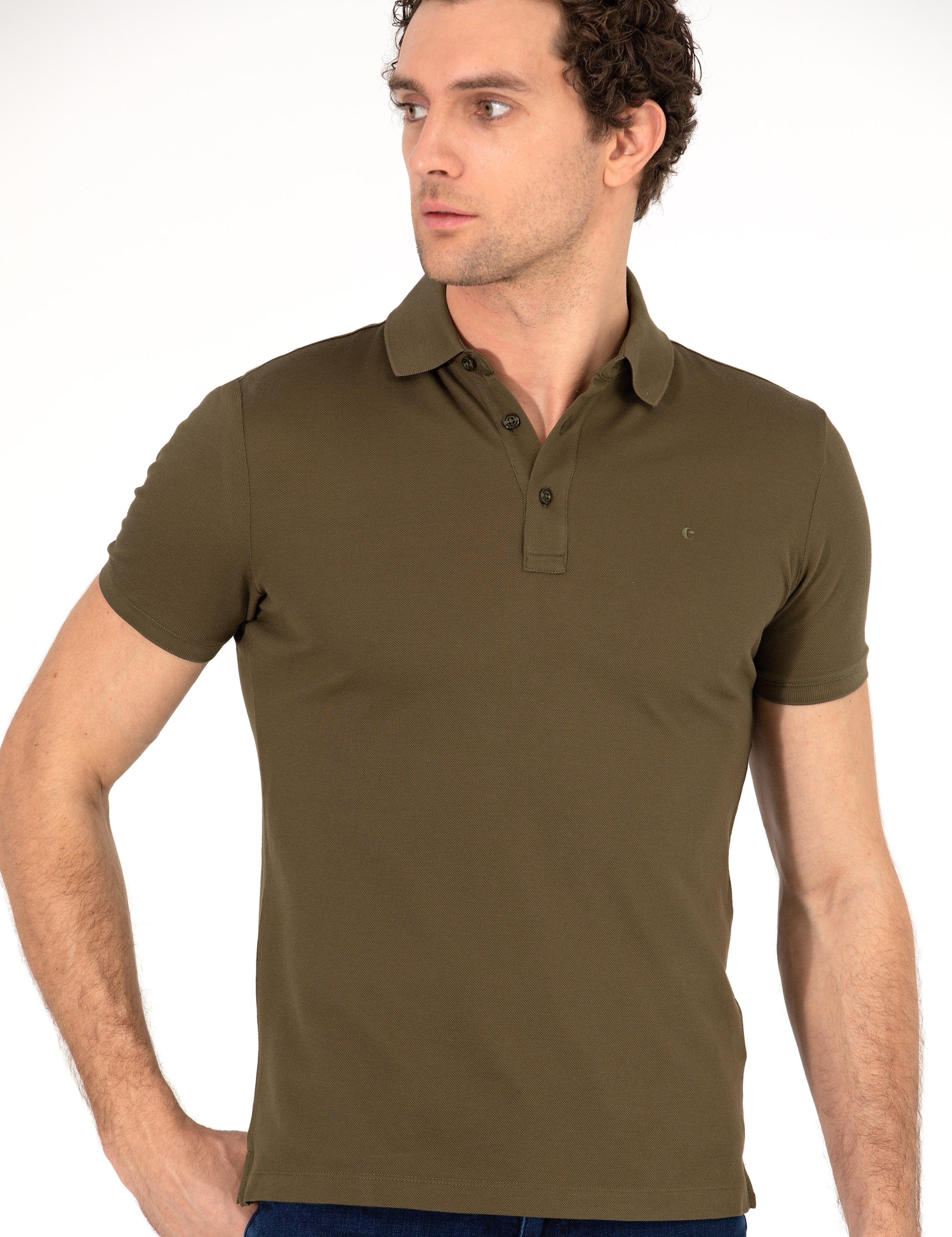 Haki Polo Yaka Slim Fit Basic T-Shirt - 50265364116