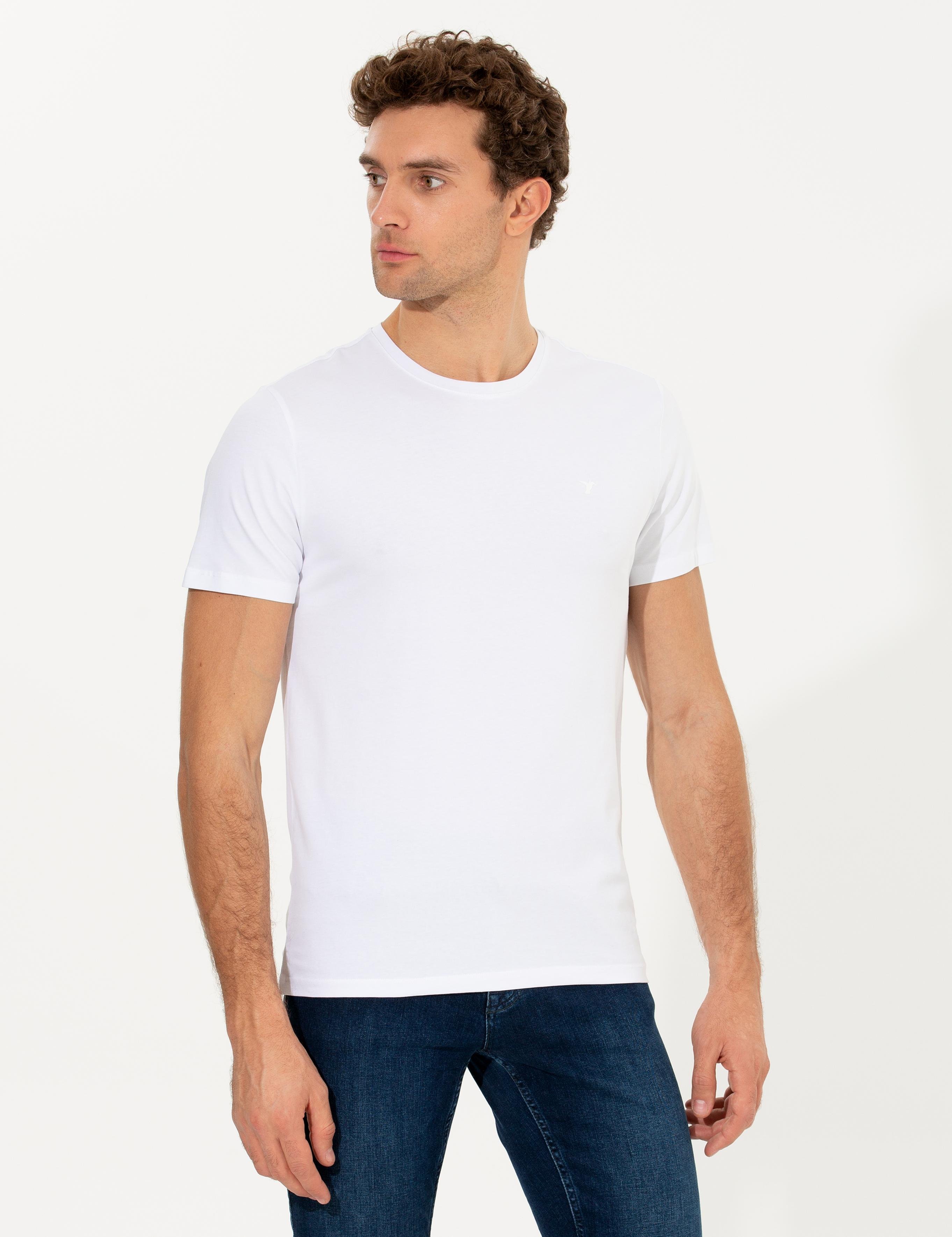 Beyaz Bisiklet Yaka Slim Fit Basic T-Shirt