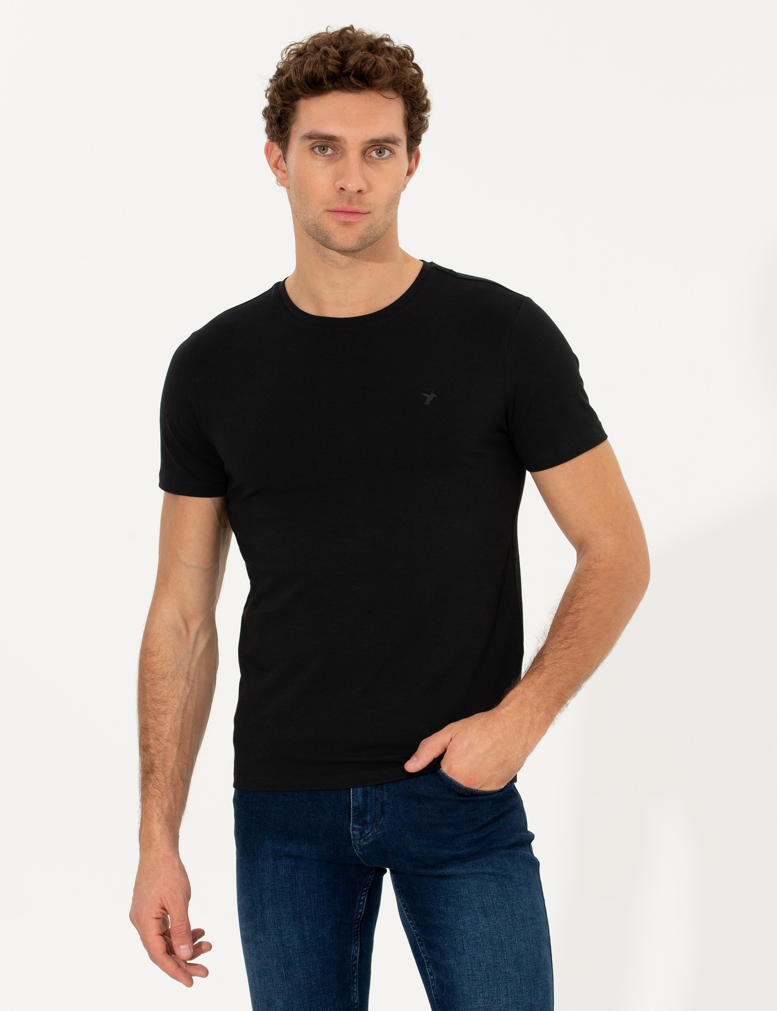 Siyah Bisiklet Yaka Slim Fit Basic T-Shirt