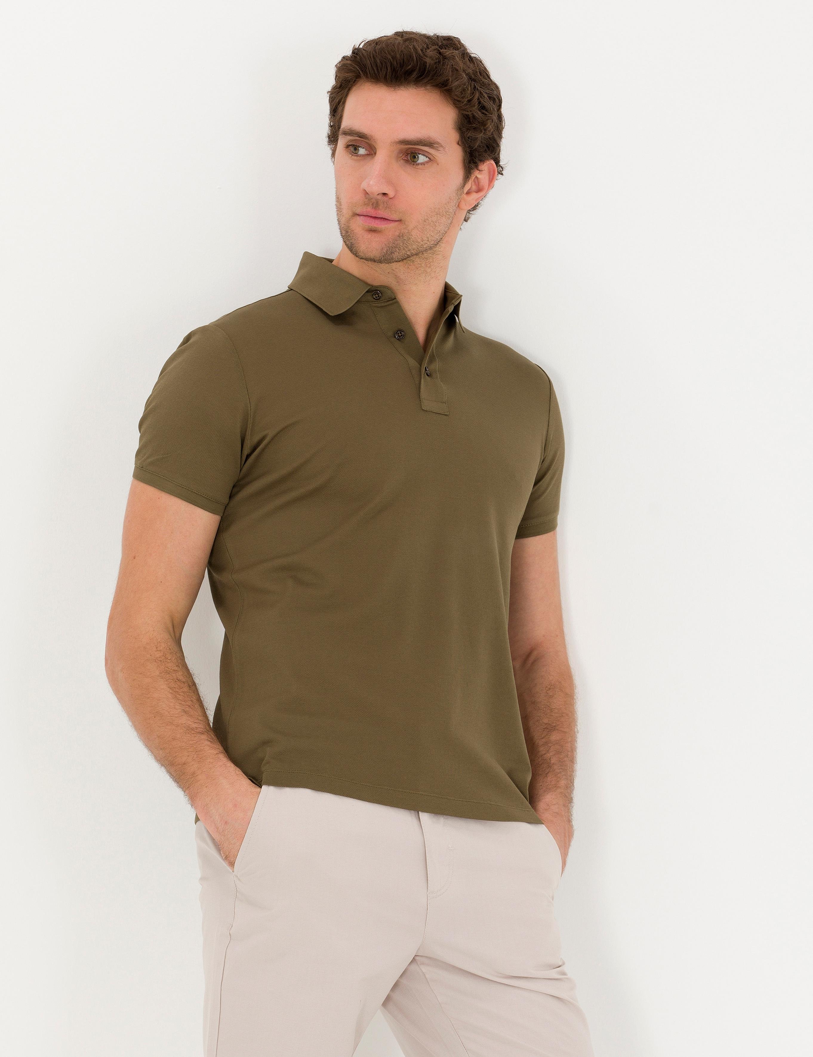 Haki Polo Yaka Slim Fit Basic T-Shirt - 50267665046