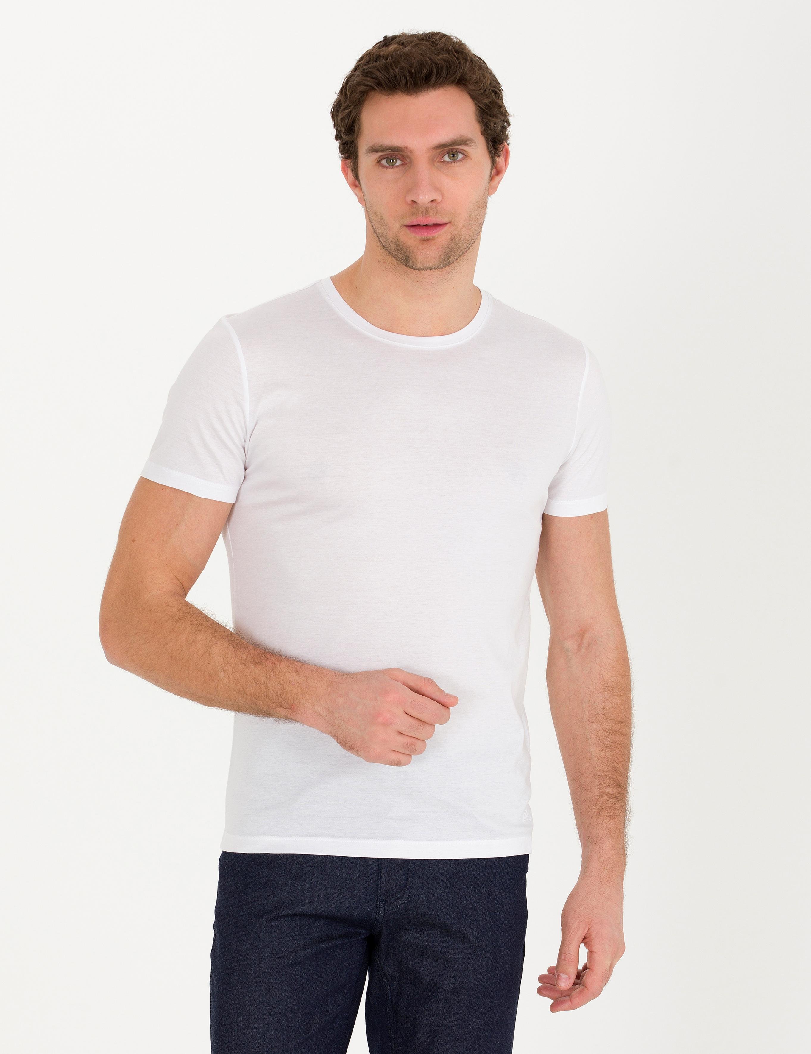 Beyaz Bisiklet Yaka Slim Fit Basic T-Shirt - 50267666022