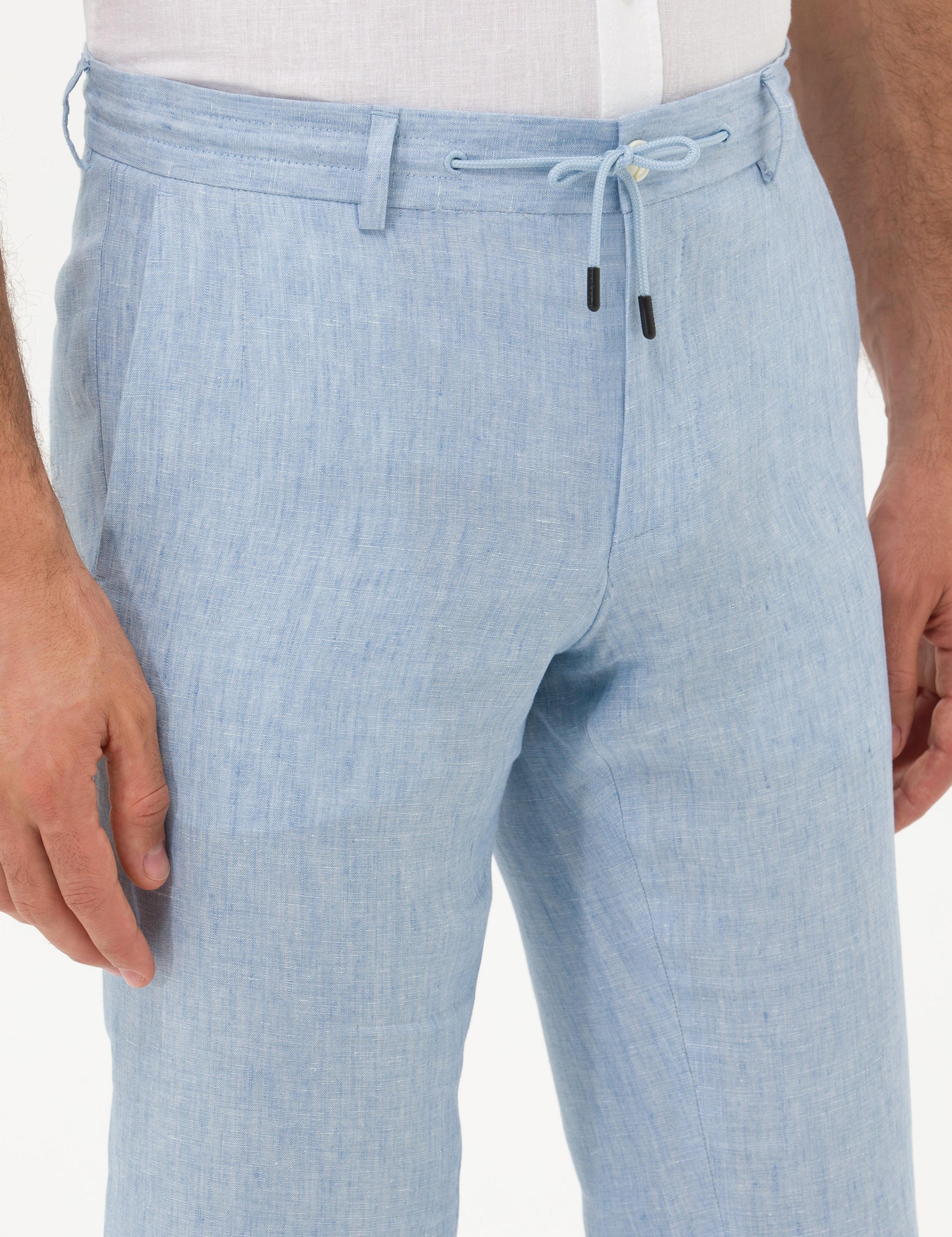 Açık Mavi Slim Fit Klasik Keten Pantolon