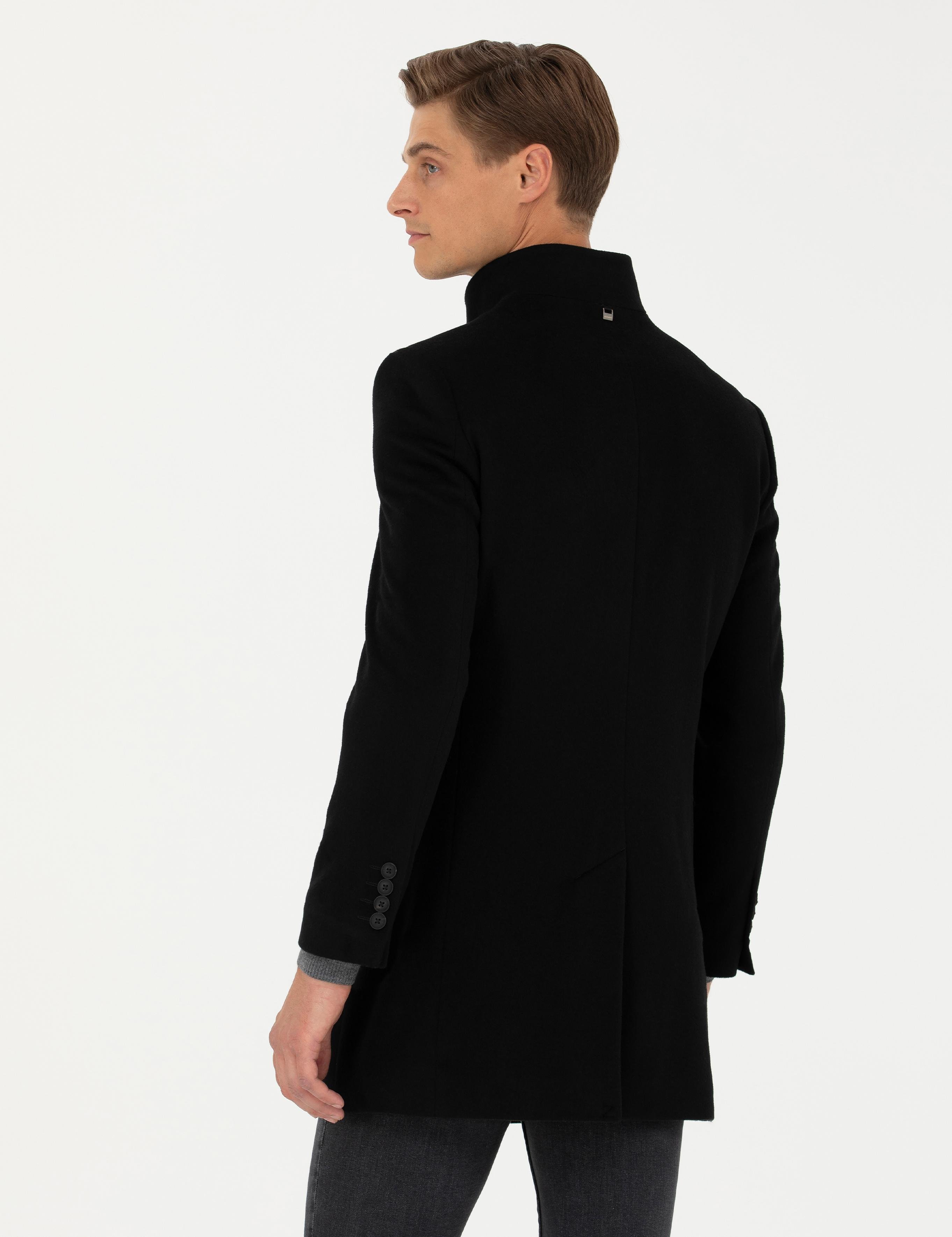 Siyah Yün Karışımlı Slim Fit Palto