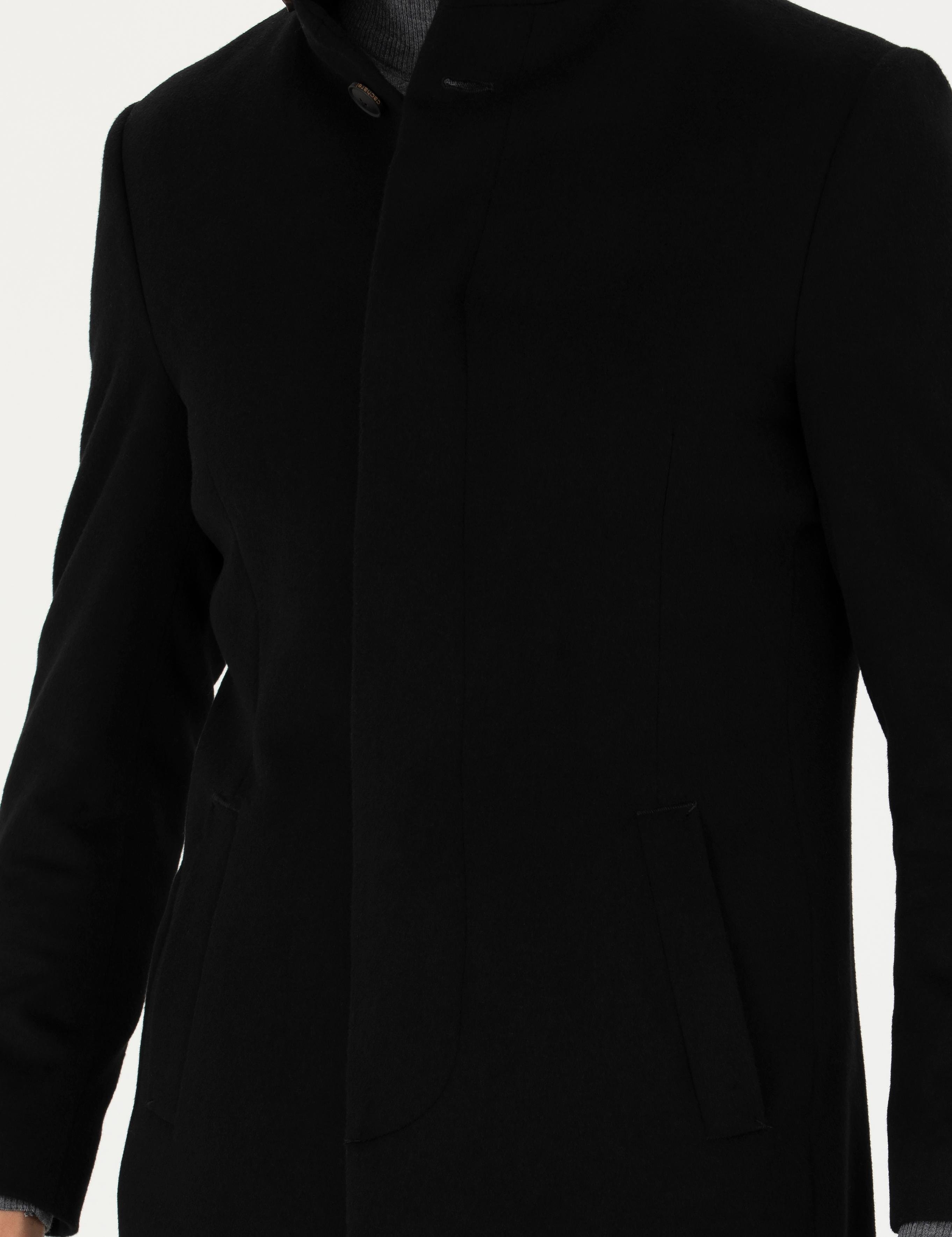 Siyah Yün Karışımlı Slim Fit Palto