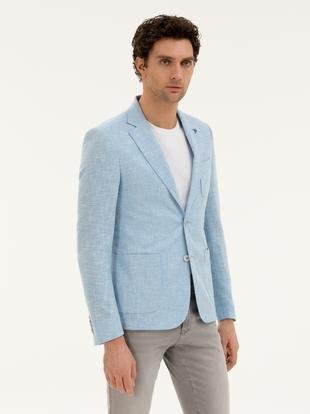 Açık Mavi Slim Fit Yün İpek Karışımlı Ceket